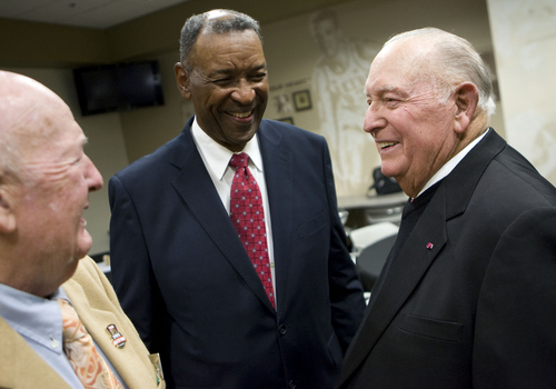 Keith Johnson | The Salt Lake Tribune
 
Former professional golfer Billy Casper, right, and former U of U football player Marv Fleming, center, talk with Dick Rosetta prior to the 2013 Utah Sports Hall of Fame induction ceremony, October 15, 2013 in Salt Lake City. The other 2013 inductees include former BYU quarterback Jim McMahon, former University of Utah and Weber State University football coach Ron McBride and former BYU volleyball player Michelle Fellows Lewis.