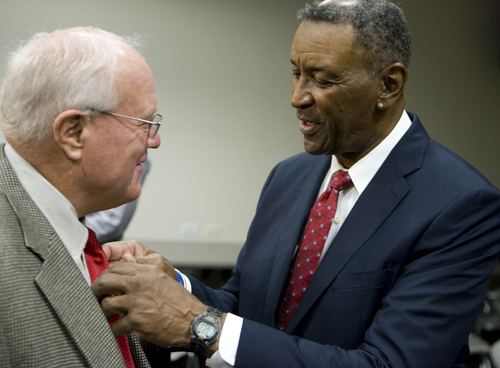 Keith Johnson | The Salt Lake Tribune
 
Former University of Utah and Weber State University football coach Ron McBride, left, talks to former U of U football player Marv Fleming prior to the 2013 Utah Sports Hall of Fame induction ceremony, October 15, 2013 in Salt Lake City. The other 2013 inductees include former professional golfer Billy Casper, former BYU quarterback Jim McMahon and former BYU volleyball player Michelle Fellows Lewis.