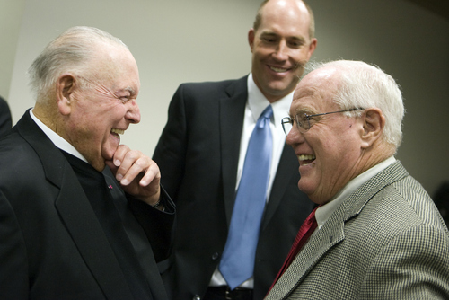 Keith Johnson | The Salt Lake Tribune
 
Former University of Utah and Weber State University football coach Ron McBride, right, talks to former professional golfer Billy Casper, left and former BYU football player Chad Lewis prior to McBride and Casper being inducted into the Utah Sports Hall of Fame October 15, 2013 in Salt Lake City.  The other 2013 inductees include former U of U football player Marv Fleming, former BYU quarterback Jim McMahon and former BYU volleyball player Michelle Fellows Lewis. Chad Lewis was inducted in 2012.