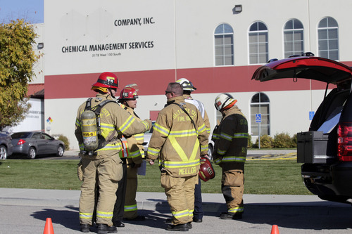 Al Hartmann  |  The Salt Lake Tribune
The Salt Lake City Fire Department responds to a 10-gallon chemical spill at RinChem, 5171 W. 150 South, west of Salt Lake City on Wednesday Oct. 16, 2013.  Six employees were evacuated from the building.