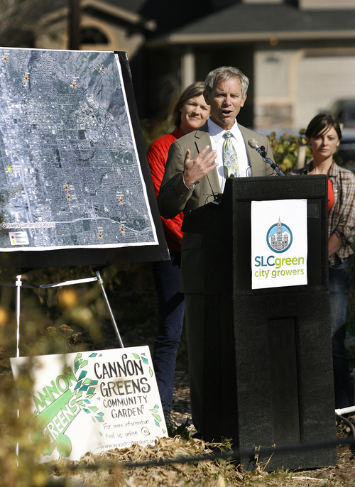 Scott Sommerdorf   |  The Salt Lake Tribune
Salt Lake City Mayor Ralph Becker announced eight new parcels of city-owned and managed land for the development of community gardens at the site of the Cannon Greens Community Garden, Thursday, October 17, 2013.