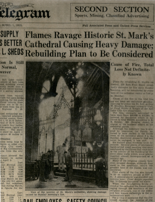 | Courtesy Cathedral Church of St. Mark
Newspaper account of the 1935 fire that engulfed St. Mark's Cathedral.