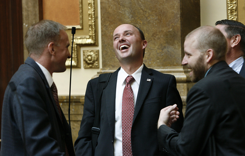 Scott Sommerdorf   |  The Salt Lake Tribune
Rep. Spencer Cox, R-Fairview, laughs with fellow legislators on the House floor prior to the special session to consider bills about parks funding. The Senate confirmed Cox as the new lieutenant governor, Wednesday, October 16, 2013.