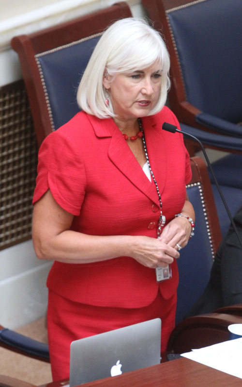 Rick Egan  | The Salt Lake Tribune 

Patricia W. Jones discusses a bill, in the Senate, during the special Legislative Session, Wednesday, July 17, 2013.