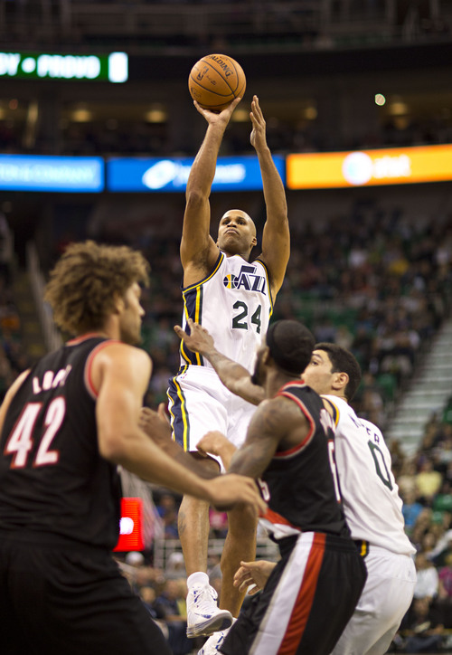 Lennie Mahler  |  The Salt Lake Tribune
Richard Jefferson puts up a shot in the second quarter as the Utah Jazz faced the Portland Trailblazers at EnergySolutions Arena on Wednesday, Oct. 16, 2013. Portland beat Utah 99-92.
