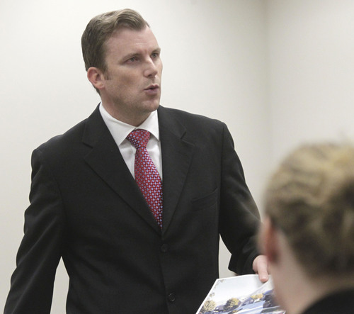 Al Hartmann  |  The Salt Lake Tribune
Prosecuter Jared Perkins questions neighbor Kristi Daniels about what she saw after being summoned to help Martin MacNeill and his unresponsive wife, Michele in the couple's bathroom in 2007.