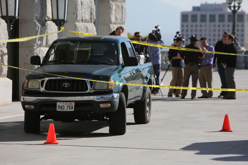 Francisco Kjolseth  |  The Salt Lake Tribune
A man reportedly shocked with a stun gun after driving a truck up several flights of stairs to the West entrance to the Utah State Capitol on Tuesday, Oct. 22, is in custody as UHP investigates the incident.