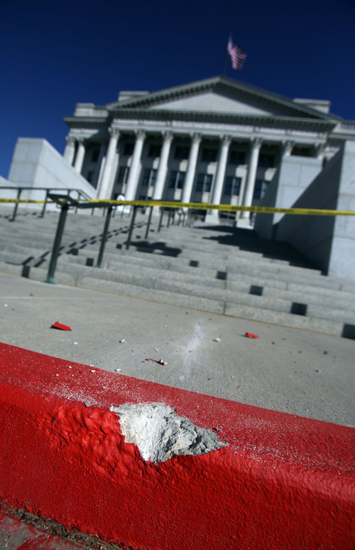 Francisco Kjolseth  |  The Salt Lake Tribune
A man reportedly shocked with a stun gun after driving a truck up several flights of stairs to the West entrance to the Utah State Capitol on Tuesday, Oct. 22, is in custody as UHP investigates the incident.