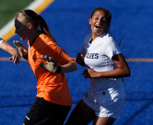 Trent Nelson  |  The Salt Lake Tribune
Timpanogos's Imerida Williams reacts to her first half goal, as Mountain View faces Timpanogos High School in a 4A girls state soccer semifinal match, Tuesday October 22, 2013.