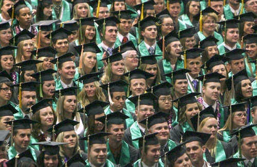 Steve Griffin  |  The Salt Lake Tribune
Graduation candidates listen to Utah Valley University president Matthew Holland during the school's 69th commencement ceremony April 30 2010 Friday in Orem.