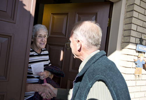 Lennie Mahler  |  The Salt Lake Tribune
Mayoral candidate Ron Bigelow speaks with resident Reva Gates at her home in West Valley City on Thursday, Oct. 17, 2013. Bigelow canvassed the neighborhood door-to-door to connect with voters.