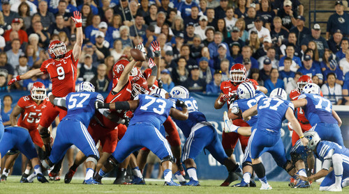 Trent Nelson  |  The Salt Lake Tribune
Brigham Young Cougars kicker Justin Sorensen's field goal attempt is ruled no good in the second quarter as the BYU Cougars host the Utah Utes, college football Saturday, September 21, 2013 at LaVell Edwards Stadium in Provo.