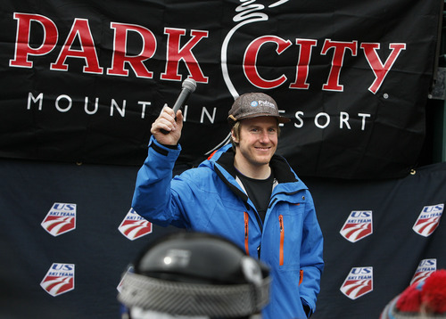 Scott Sommerdorf   |  The Salt Lake Tribune
Ski racer Ted Ligety acknowledges the applause from the crowd of admirers at Park City Mountain Resort. Ligety was given a hometown hero's welcome to celebrate his year on the Alpine World Cup circuit, Saturday, April 6, 2013. Ligety is the first male racer in 45 years to claim three world championship titles in a year -- giant slalom, super G and combined.