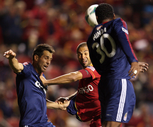Steve Griffin  |  The Salt Lake Tribune


The Chivas USA defense heads the ball away from RSL forward Alvaro Saboria, center, during first half action in the Real Salt Lake versus Chivas USA soccer match at Rio TInto Stadium in Sandy, Utah Wednesday, October 23, 2013.