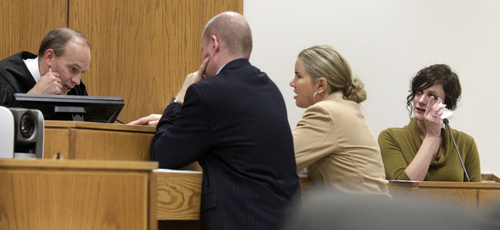 Al Hartmann  |  The Salt Lake Tribune
Judge Derek Pullan, left, speaks to prosecutor Chad Grunander and defense lawyer Susanne Gustin during the murder trial of Martin MacNeill in 4th District Court in Provo, Utah, October 24, 2013. Testifying at right is Rachel MacNeill, daughter of Martin MacNeill.
