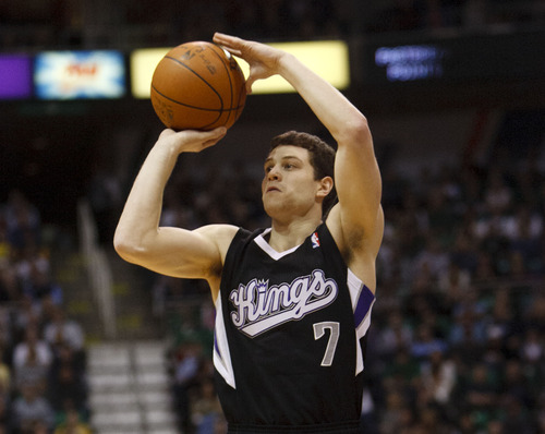 Trent Nelson  |  The Salt Lake Tribune
Sacramento's Jimmer Fredette shoots the ball in the first quarter of game against the Utah Jazz Saturday at the EnergySolutions Arena in Salt Lake City. The Jazz downed the Kings, 96-93.
