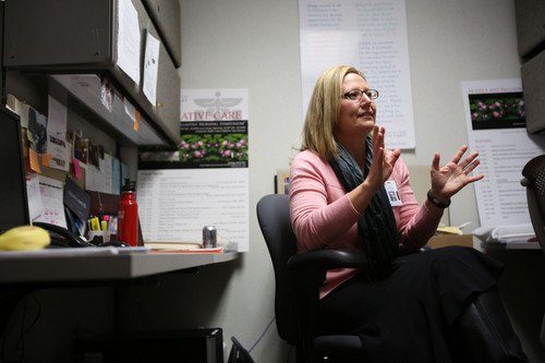 Francisco Kjolseth  |  The Salt Lake Tribune
Holli Martinez, director of palliative care at University Hospital, talks about some of the innovations in palliative and end-of-life care she and her staff inplement on a daily basis. Martinez is receiving a prestigious award for her work.