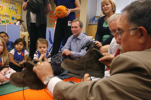 Scott Sommerdorf   |  The Salt Lake Tribune
Salt Lake County Mayor Ben McAdams, center, watches as Councilman Sam Granato, right, acts out the scary shoe part of Linda Williams' "The Little Old Lady Who Was Not Afraid of Anything" Halloween story in a preschool class Thursday at Wright Elementary School in West Valley City. The county, Goldman Sachs and the Prizker Foundation are teaming up on an eductaton effort that  enabled an additional 600 low-income kids to get into Granite School District preschool programs this fall.
