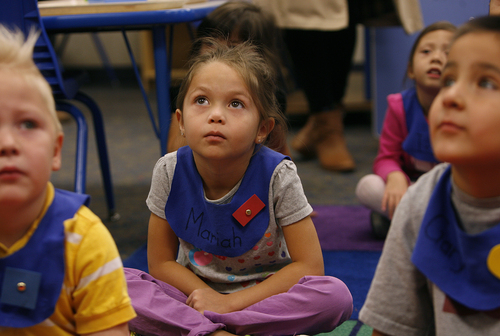 Scott Sommerdorf   |  The Salt Lake Tribune
Five year old Mariah Garcia listens intently to a reading of author Linda Williams' "The Little Old Lady Who Was Not Afraid of Anything" Halloween story in Mrs Shackelford and Mrs. McDonald's pre-school class at Wright Elementary School in West Valley City, Thursday, October 24, 2013. County mayor Ben McAdams, Republican and Democratic councilmen and school district officials visited the classroom filled with kids who were able to get in because of an appropriation that allowed 600 more kids to get into Granite School District preschools this fall.