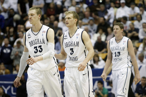 Chris Detrick  |  The Salt Lake Tribune
Brigham Young Cougars forward Nate Austin (33) Brigham Young Cougars guard Tyler Haws (3) and Brigham Young Cougars guard Brock Zylstra (13) during the second half of the game at the Marriott Center Thursday February 28, 2013. Gonzaga won the game 70-65.