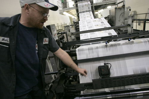 Journeyman pressman Matt Larsen monitors the USA Today printing on the TKS press Wednesday, March 11, 2009 at MediaOne in West Valley City. MediaOne prints many papers and products including The New York Times, USA Today, The Deseret News, Provo Daily Herald and The Salt Lake Tribune. Jim Urquhart/The Salt Lake Tribune; 3/11/09Wednesday, March 11, 2009 at MediaOne in West Valley City. MediaOne prints many papers and products including The New York Times, USA Today, The Deseret News, Provo Daily Herald and The Salt Lake Tribune. Jim Urquhart/The Salt Lake Tribune; 3/11/09