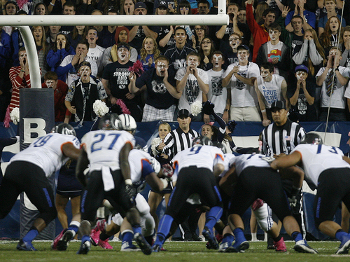 Scott Sommerdorf   |  The Salt Lake Tribune
BYU fans heckle Boise State as it neared BYU's goal line. BSU kicked a field goal to make the score 10-3. BYU held a 24-3 lead over Boise State, Friday, October 25, 2013