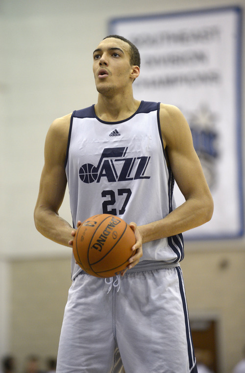 Utah Jazz center Rudy Gobert (27) sets up for a foul shot during the second half of an NBA Orlando Pro Summer League game against the Miami Heat in Orlando, Fla., Sunday, July 7, 2013. (Special to the Tribune/Phelan M. Ebenhack)
