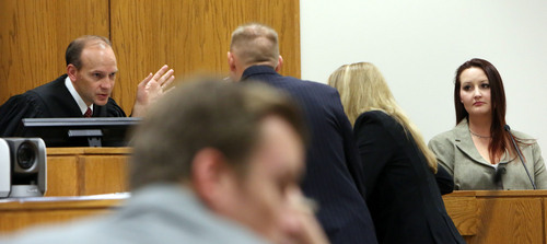 Francisco Kjolseth  |  The Salt Lake Tribune
Judge Derek Pullan, left, speaks with Utah County Prosecutor Sam Peak and  defense attorney Susanne Gustin as witness Gypsy Willis takes the stand. Pleasant Grove physician Martin MacNeill, charged with murder for allegedly killing his wife, Michele MacNeill in 2007, was involved in an extramarital affair with Willis as they trial finishes its second week at 4th District Court in Provo on Friday, Oct. 25, 2013.