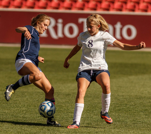 Trent Nelson  |  The Salt Lake Tribune
Summit's Chelsey Keefer and Waterford's Elizabeth Sampson as Waterford faces Summit Academy in the 2A high school girls' soccer state championship game at Rio Tinto Stadium in Sandy, Saturday October 26, 2013.