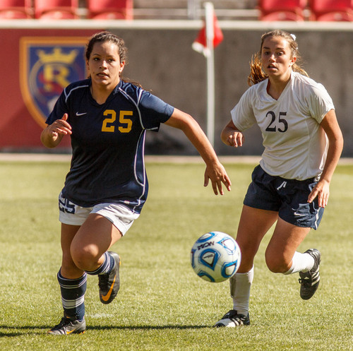 Trent Nelson  |  The Salt Lake Tribune
Summit's Juliana Stratford and Waterford's Alessia Johnson as Waterford faces Summit Academy in the 2A high school girls' soccer state championship game at Rio Tinto Stadium in Sandy, Saturday October 26, 2013.