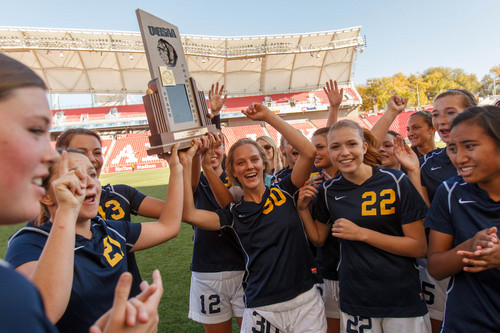 Trent Nelson  |  The Salt Lake Tribune
Summit players celebrate their over Waterford in the 2A high school girls' soccer state championship game at Rio Tinto Stadium in Sandy, Saturday October 26, 2013.