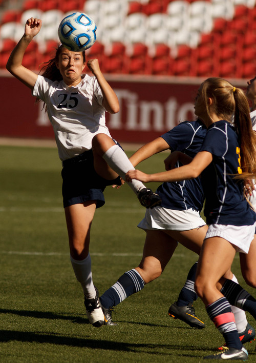 Trent Nelson  |  The Salt Lake Tribune
Waterford's Alessia Johnson with the ball as Waterford faces Summit Academy in the 2A high school girls' soccer state championship game at Rio Tinto Stadium in Sandy, Saturday October 26, 2013.