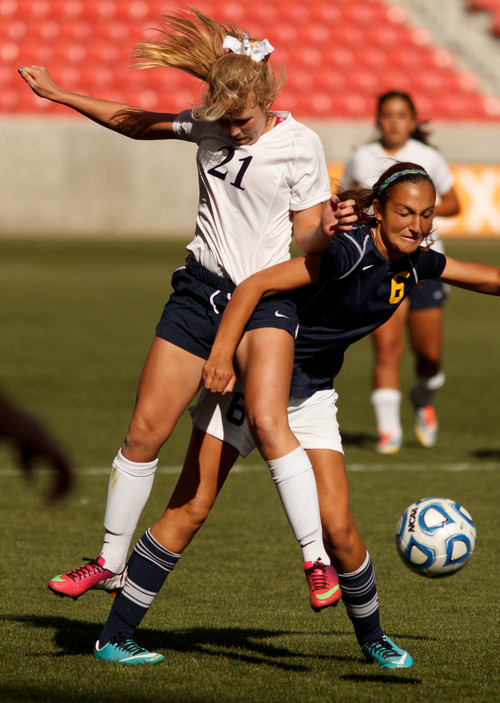 Trent Nelson  |  The Salt Lake Tribune
Waterford's Caroline Coats collides with Summit's Marissa Hathaway (6) as Waterford faces Summit Academy in the 2A high school girls' soccer state championship game at Rio Tinto Stadium in Sandy, Saturday October 26, 2013.