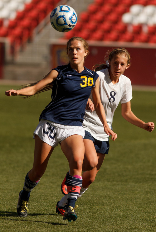 Trent Nelson  |  The Salt Lake Tribune
Summit's Chelsey Keefer and Waterford's Elizabeth Sampson, as Waterford faces Summit Academy in the 2A high school girls' soccer state championship game at Rio Tinto Stadium in Sandy, Saturday October 26, 2013.