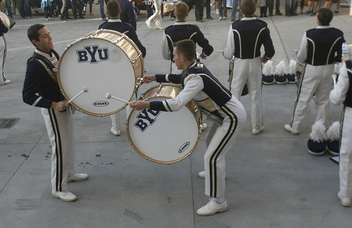 Scott Sommerdorf   |  The Salt Lake Tribune
The BYU band entertains the crowd during pre-game, Friday, October 25, 2013