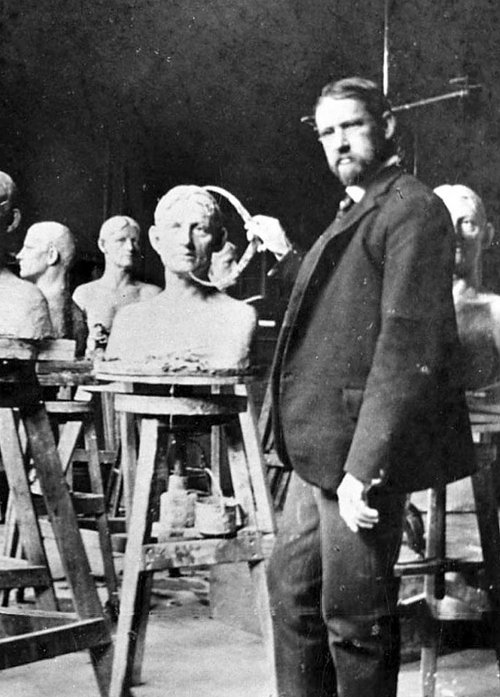 Photo Courtesy Utah State Historical Society

Portrait of sculptor Cyrus Edwin Dallin (Nov. 22, 1861 – Nov. 14, 1944) in his Boston studio. Cyrus Dallin was born in Springville, Utah to Mormon parents. During his lifetime he created more than 260 works, including the equestrian statue of Paul Revere in Boston and the Angel Moroni atop the Salt Lake Temple in Salt Lake City, Utah. He was also an Olympic archer.

Dallin converted to Unitarianism, and initially turned down the offer to sculpt the angel Moroni for the spire of the LDS Salt Lake City Temple. He later accepted the commission and, after finishing the statue said, "My angel Moroni brought me nearer to God than anything I ever did."