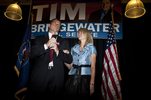 Chris Detrick  |  The Salt Lake Tribune

U.S. Senate candidate Tim Bridgewater speaks to his supporters and volunteers during an election party at the Salt Lake Hardware Building on Tuesday with his wife Laura. Bridgewater conceded to opponent Mike Lee.