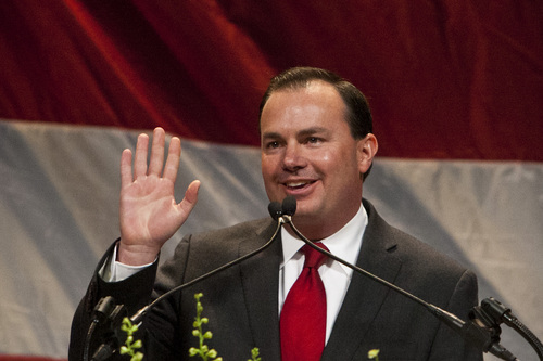 Chris Detrick  |  The Salt Lake Tribune
Senator Mike Lee speaks during the Utah Republican Party Organizing Convention at the South Towne Expo Saturday May 18, 2013.