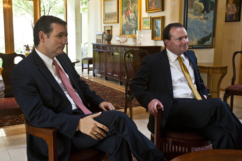 Chris Detrick  |  The Salt Lake Tribune
Senator Ted Cruz, R-Texas, and Senator Mike Lee, R-Utah, speak during an interview in the home of Steve Harmsen Friday September 13, 2013.