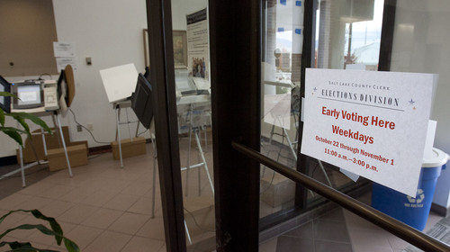 Steve Griffin  |  The Salt Lake Tribune

Early voting is underway at various City Halls and other selected community centers throughout the valley. Here, signs show that West Valley City Hall is open for voting Monday, October 28, 2013.
