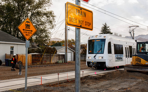 Trent Nelson  |  The Salt Lake Tribune
A test train on the Sugar House Streetcar line, Tuesday October 29, 2013.