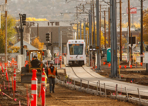 Trent Nelson  |  The Salt Lake Tribune
A test train on the Sugar House Streetcar line, Tuesday October 29, 2013.