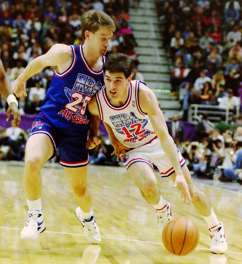 Steve Griffin  | The Salt Lake Tribune 

John Stockton, drives with the ball as Mark Price defends, during the 1993 All Star Game at the Delta Center in Salt Lake City, Saturday, February 21, 1993.