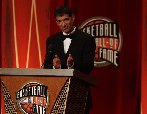 Above, Utah Jazz point guard John Stockton delivers his induction speech. Utah Jazz head coach Jerry Sloan and Utah Jazz point guard John Stockton were inducted into the Naismith Basketball Hall of Fame on Friday in Springfield, Mass..
Photo by Leah Hogsten/ The Salt Lake Tribune