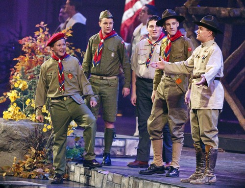 Leah Hogsten  |  The Salt Lake Tribune
The Church of Jesus Christ of Latter-day Saints and the Boy Scouts of America presented an original stage production about the history and values of Scouting. "A Century of Honor" commemorating the 100-year partnership between the LDS Church and the BSA, Tuesday, October 29, 2014 at the Conference Center.
 The program will featured multiple choirs, historical reenactment, dynamic set design, and multiple special effects drawing upon the skills and outdoor experiences that are hallmarks of Scouting.
