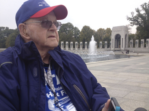Thomas Burr  |  The Salt Lake Tribune
Malcolm Holt of Ogden, who served as an Air Force instructor during World War II, pauses in the middle of the war's memorial in Washington on Thursday. Holt was one of 32 veterans from Utah who flew in the state's first Honor Flight to visit memorials in Washington.