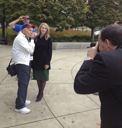 Matt Canham  |  The Salt Lake Tribune
Frank Biagi, 97, wanted Sen. Mike Lee to take his photo outside of the World War II memorial. Lee played along, asking his press secretary Emily Bennion, to join Biagi in the picture.