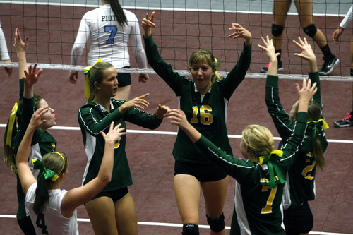 Chris Detrick  |  The Salt Lake Tribune
Members of the St. Joseph volleyball team celebrate after winning a point in the 1A volleyball championships against Piute at UCCU Center at Utah Valley University Thursday October 31, 2013.