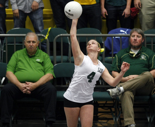 Chris Detrick  |  The Salt Lake Tribune
St. Joseph's Mady White serves the ball during the 1A volleyball championships at UCCU Center at Utah Valley University Thursday October 31, 2013.