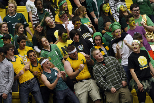 Chris Detrick  |  The Salt Lake Tribune
Fans of the St. Joseph volleyball team celebrate after winning a point in the 1A volleyball championships against Piute at UCCU Center at Utah Valley University Thursday October 31, 2013.